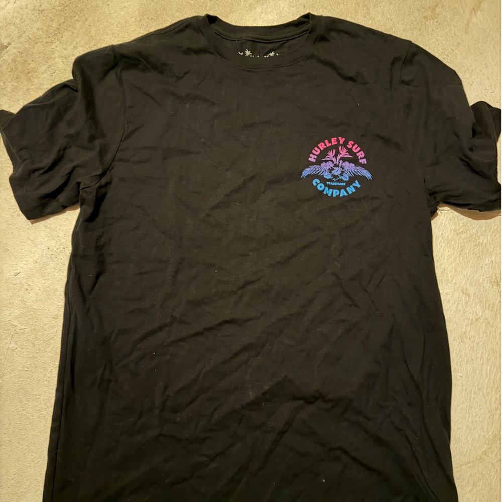 Hurley Black Short-Sleeve Tee with Pink & Blue Chest Graphic
